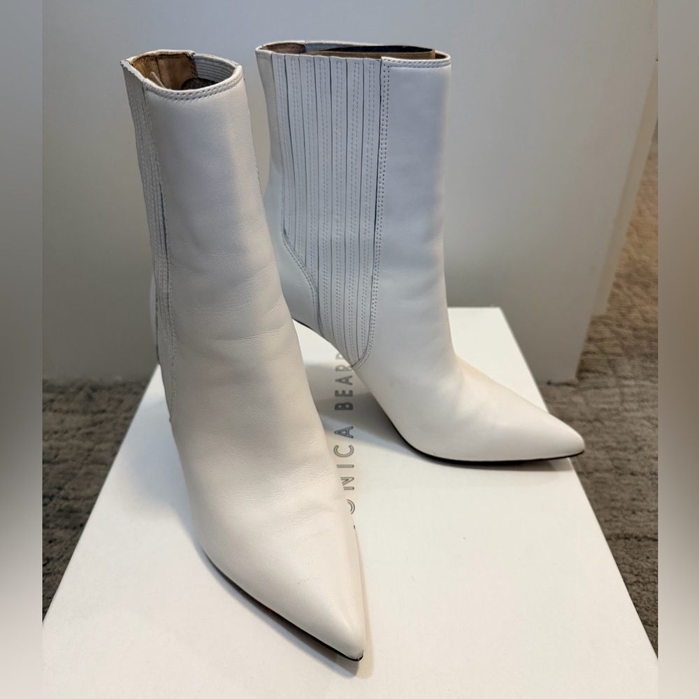 Veronica Beard Lisa White Pointed-Toe Leather Ankle Booties
